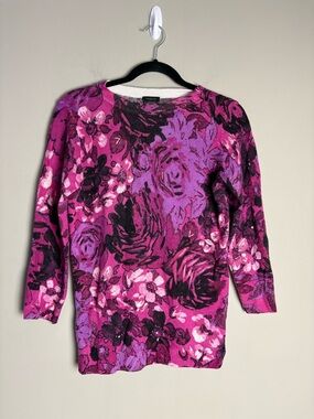 Talbots 100% Cashmere Pink Purple Black Floral Sweater Sz Small